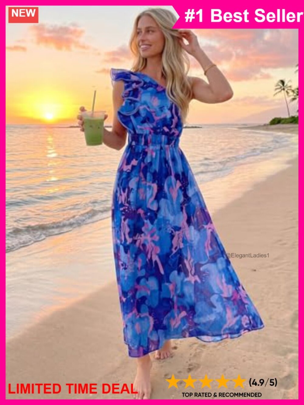 Women's Floral Sleeveless One Shoulder Ruffle Chiffon Maxi Dress Summer Beach - Picture 2 of 6
